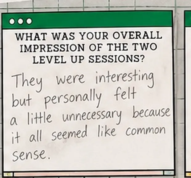 Handwritten student response to the question “What was your overall impression of the two Level Up sessions?”. The student wrote: “They were interesting but personally felt a little unnecessary because it all seemed like common sense.”
